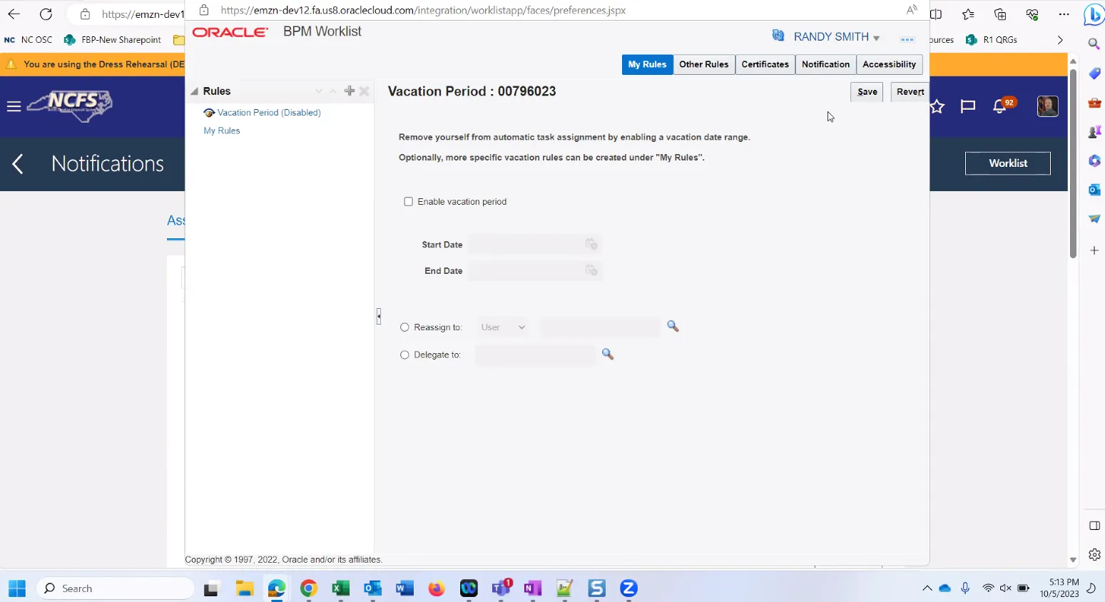 Screenshot of the Oracle BPM Worklist “Preferences” section under the “My Rules” tab. The “Vacation Period” rule is shown with options to enable a vacation date range, reassign tasks, or delegate to another user. Fields for start and end date are blank.