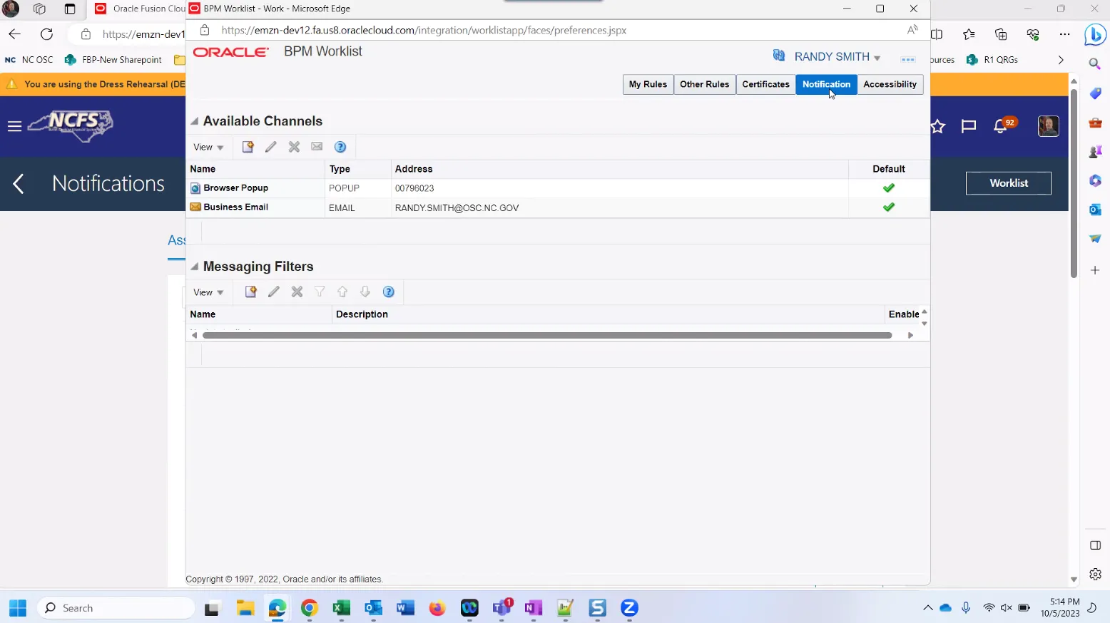 Screenshot of the Notification settings tab in Oracle BPM Worklist. Two messaging channels are listed: Browser Popup and Business Email (RANDY.SMITH@OSC.NC.GOV), both marked as default. No messaging filters are enabled.