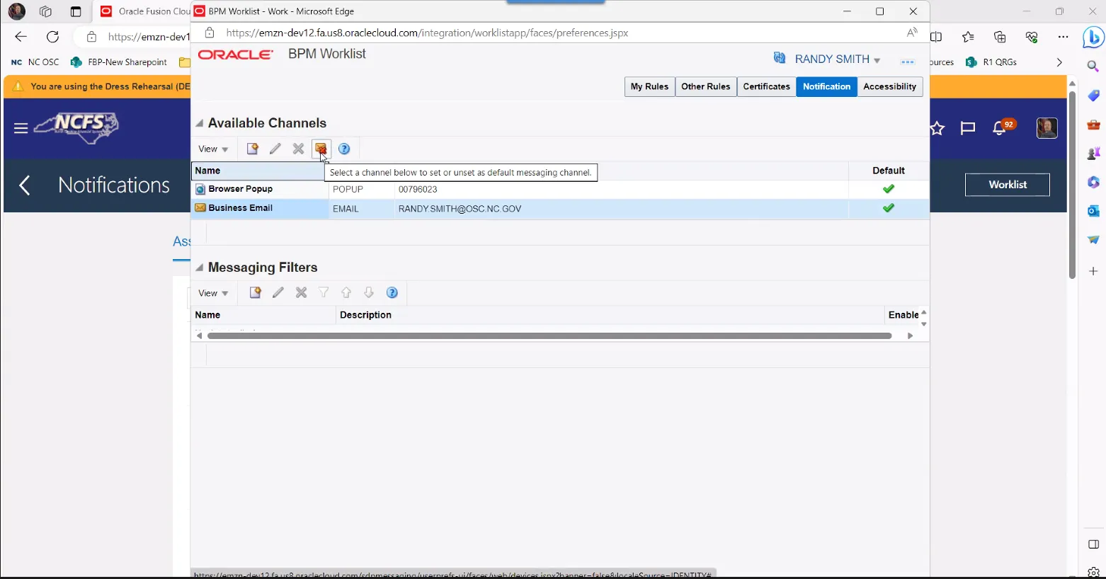 Screenshot showing a cursor hovering over an icon to set or unset a default messaging channel in Oracle BPM Worklist. “Business Email” is highlighted, and the tooltip reads “Select a channel below to set or unset as default messaging channel.”