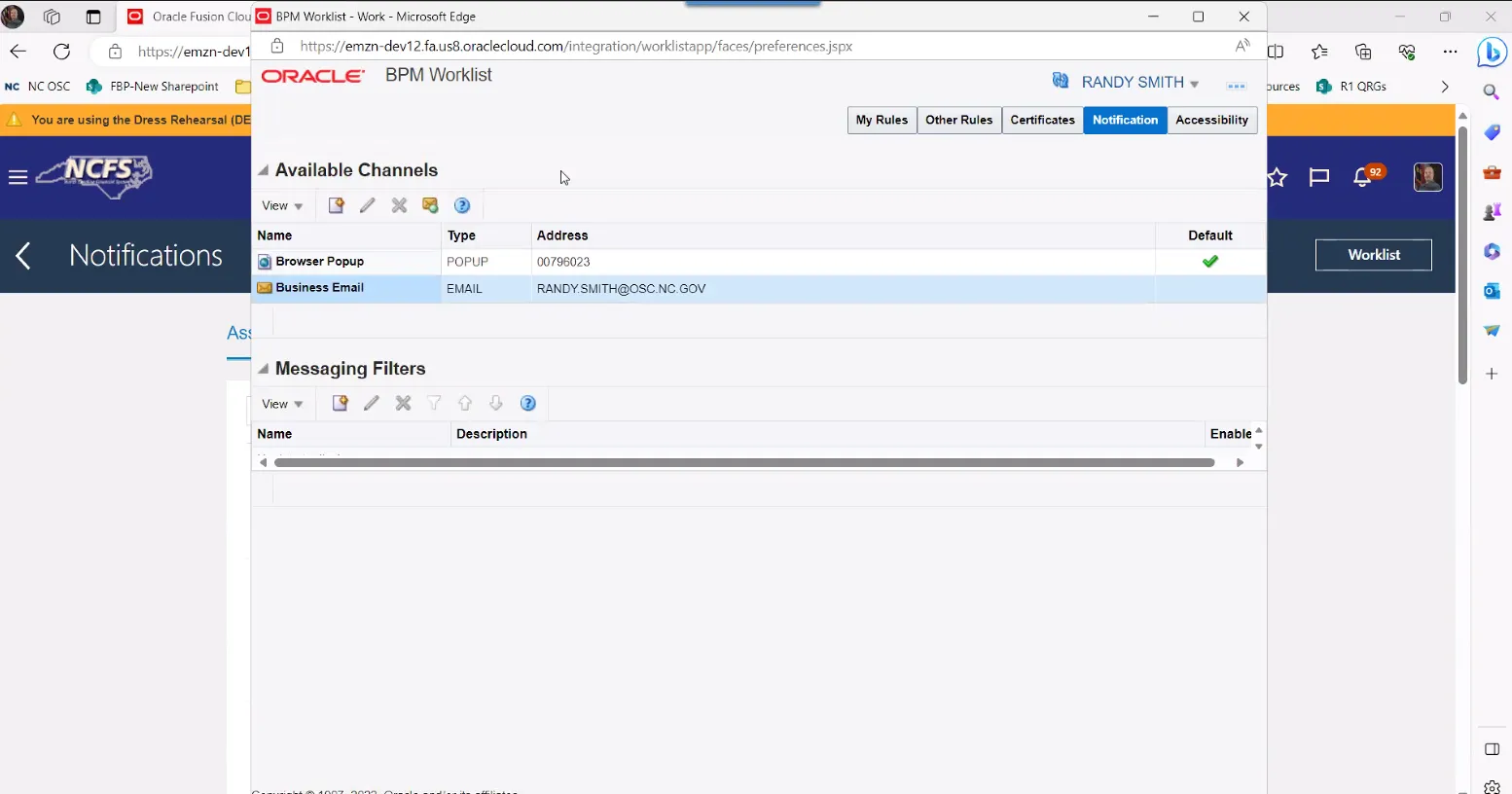 Screenshot showing the final state of the Notification tab in Oracle BPM Worklist. “Business Email” is now marked as the default messaging channel, while “Browser Popup” is not. The Messaging Filters section is empty.