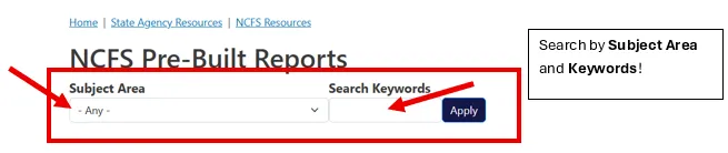 Subject Area and Search Keywords features on NCFS Pre-Built Reports website