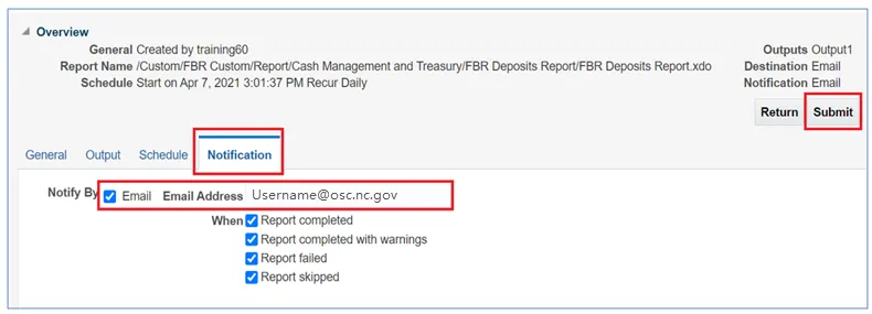 Notification settings tab showing an email address entered to receive report status updates. All status options—completed, warnings, failed, and skipped—are selected. A 'Submit' button is highlighted in the top-right.