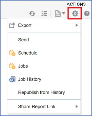 Actions menu open showing options including Export, Send, Schedule, Jobs, Job History, Republish from History, and Share Report Link. The gear icon is highlighted in red.