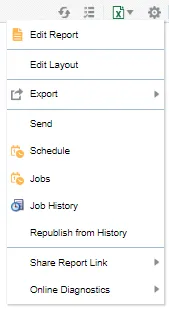 Expanded Actions menu displaying additional options: Edit Report, Edit Layout, Export, Send, Schedule, Jobs, Job History, Republish from History, Share Report Link, and Online Diagnostics.
