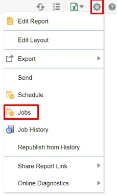 Actions menu open with the Jobs option highlighted in red. Other menu items include Edit Report, Edit Layout, Export, Send, Schedule, Job History, Republish from History, Share Report Link, and Online Diagnostics. Gear icon is outlined in red.