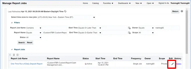 Manage Report Jobs page showing a list of scheduled reports with filters at the top. One report is listed with status 'Active'. The Edit icon (pencil) is highlighted in red next to the report.