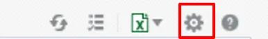 Settings gear icon highlighted in a toolbar, next to Excel export and refresh icons.