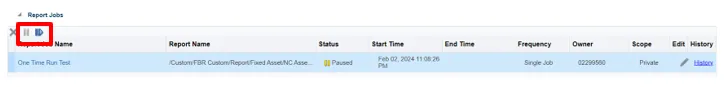 Paused report job highlighted in a list under "Report Jobs" section with a blue play icon to resume.