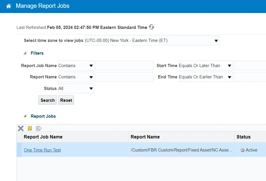 Manage Report Jobs screen showing filter options, time zone selection, and a list of report jobs with one job marked as "Active".