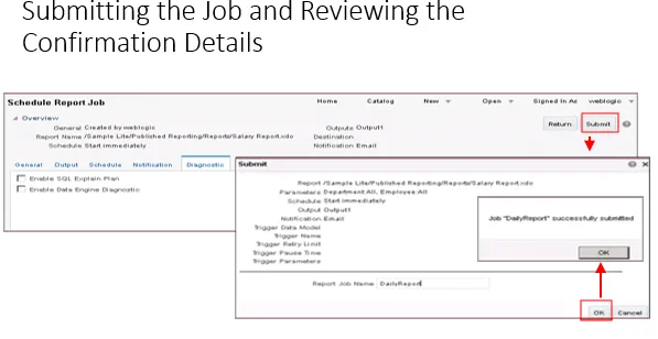 Submit report job screen with a confirmation dialog showing job submission success message and the “OK” button highlighted.