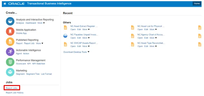 Oracle Transactional Business Intelligence homepage with the 'Report Jobs' link highlighted under the Jobs section.