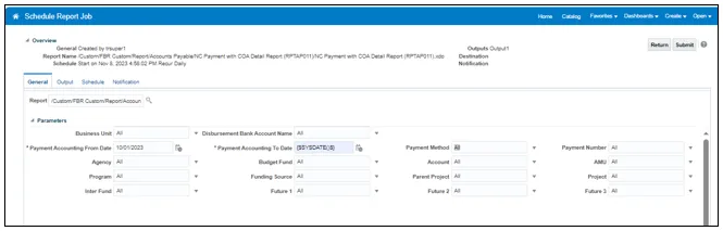 Schedule Report Job screen showing report parameters for scheduling a report titled "NC Payment with COA Detail Report." The "Payment Accounting To Date" field uses a system variable (${SYSDATE()}), indicating it dynamically pulls the current date at runtime. Other fields include Business Unit, Program, and Budget Fund.