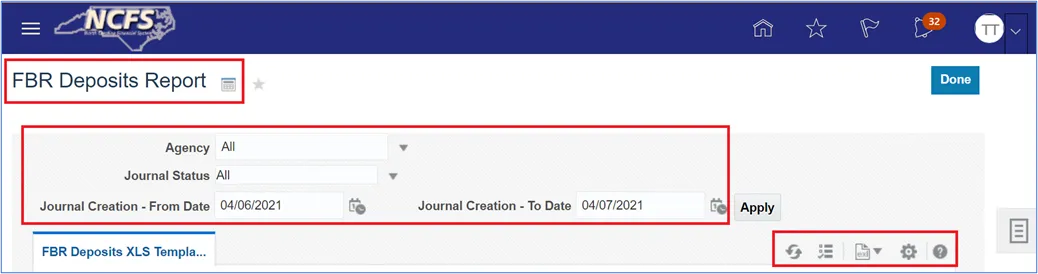 FBR Deposits Report interface with filters for Agency, Journal Status, and Journal Creation dates. Action icons are visible in the bottom-right corner.