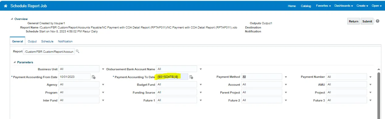 Zoomed-in or clearer version of the Schedule Report Job screen. The dynamic date field ${SYSDATE()} for "Payment Accounting To Date" is highlighted in yellow. This form sets parameters for a scheduled report using multiple filter fields like Agency, Account, Project, and Funding Source.