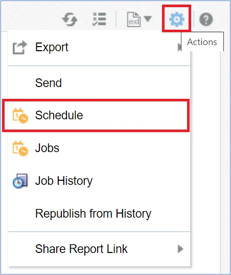 Expanded Actions menu showing options like Export, Send, and Schedule. The 'Schedule' option is highlighted.