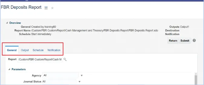 FBR Deposits Report scheduling interface with tabs for General, Output, Schedule, and Notification. General tab is selected.