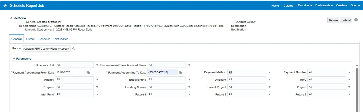 Schedule Report Job screen with parameters including Payment Accounting From/To Dates, Business Unit, and other report filter fields.