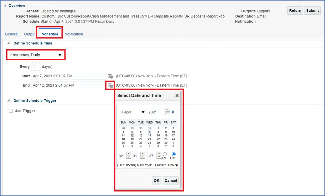 Schedule configuration screen for a report. The 'Schedule' tab is selected. Frequency is set to 'Daily', with a start date of April 7, 2021, and end date of April 12, 2021. A calendar and time selector is open for setting the end date.
