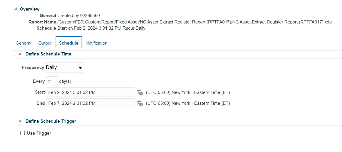 Report schedule settings showing a frequency of 'Daily' every 2 days. Start date is February 2, 2024, and end date is February 7, 2024. The 'Schedule' tab is selected, with Eastern Time time zone settings visible.