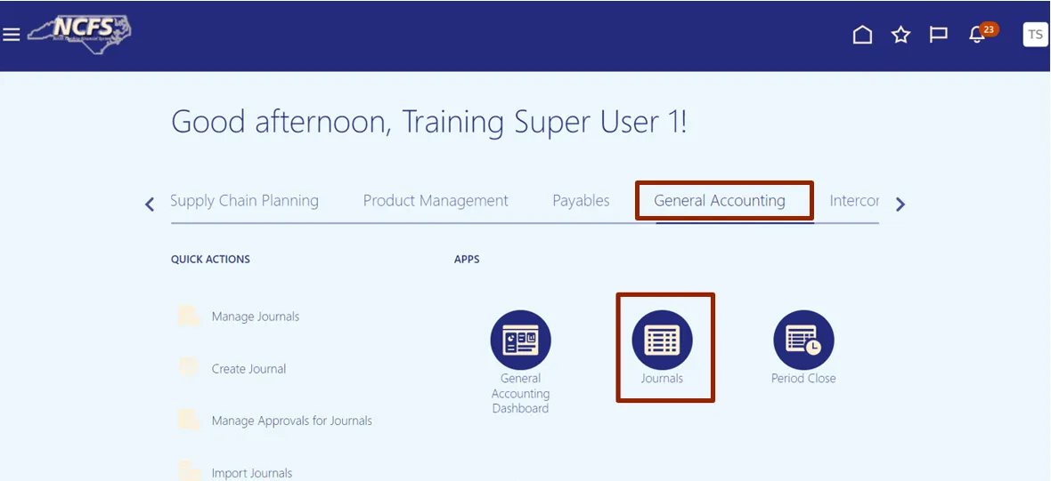 Screenshot of the NCFS application home page showing the "General Accounting" tab selected and the "Journals" app icon highlighted under the General Accounting section.