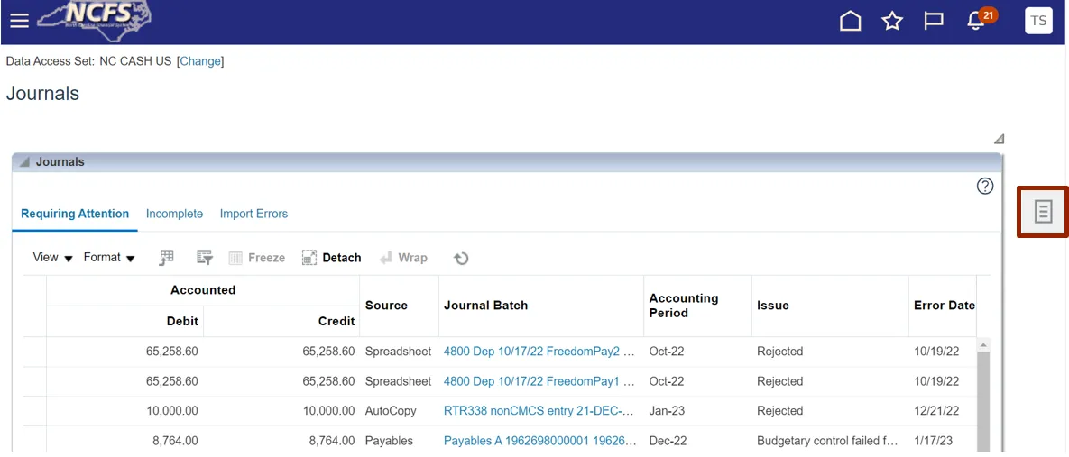Expanded list of journal entries on the "Journals" page under “Requiring Attention,” showing entries from various sources with error dates and issues. The navigation menu icon on the right is highlighted.