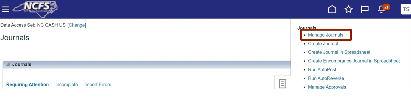 Navigation menu expanded on the right side of the "Journals" screen, showing options such as “Manage Journals,” “Create Journal,” and “Manage Approvals.” “Manage Journals” is highlighted.