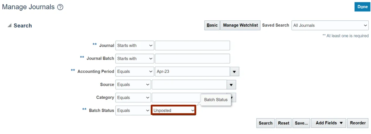 "Manage Journals" search screen displaying multiple search criteria fields. The “Batch Status” dropdown is selected and set to “Unposted.”