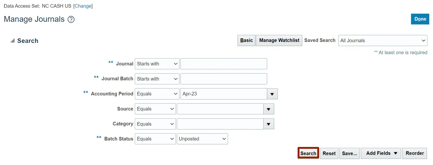 "Manage Journals" search screen showing the full search criteria with “Accounting Period” set to Apr-23 and “Batch Status” set to Unposted. The "Search" button is highlighted.