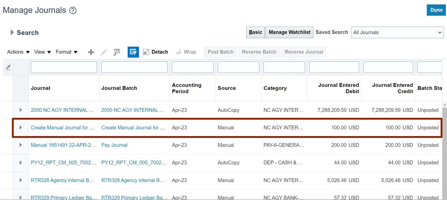 Search results from the "Manage Journals" page displaying multiple journal entries. One entry titled “Create Manual Journal for Training” with $100 debit and credit is highlighted.