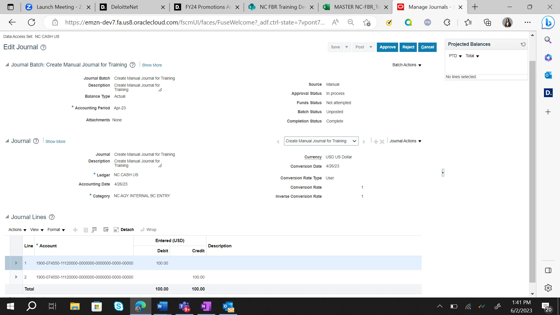 Edit Journal screen displaying full details of the selected manual journal. The journal lines show $100 debit and $100 credit entries with complete status and batch status as unposted.