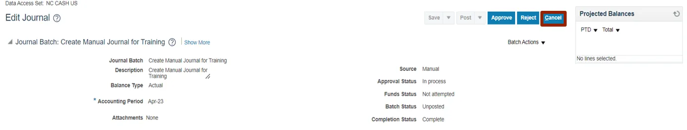 Edit Journal screen focused on the journal header information, showing journal status as “In process” and completion status as “Complete.” The “Cancel” button is highlighted in the top-right corner.