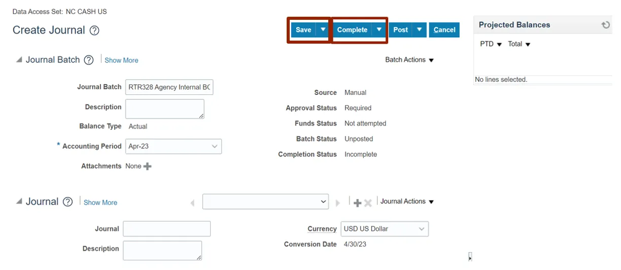 Screenshot of the “Create Journal” screen showing both the Journal Batch and Journal sections. The “Save” and “Complete” buttons are highlighted, ready for journal submission.