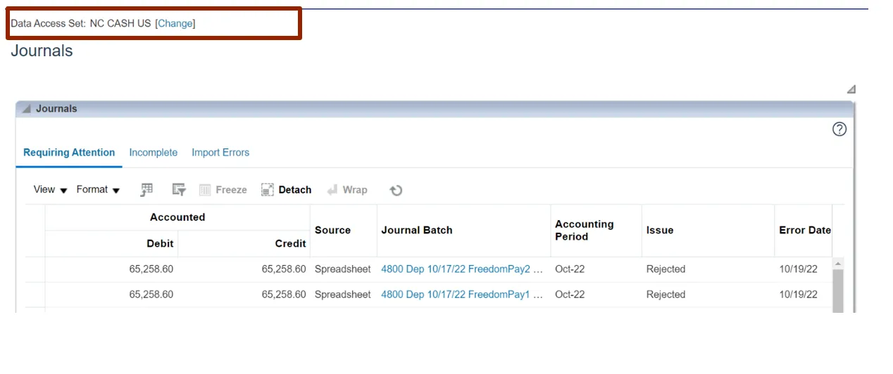 Screenshot of the "Journals" section in the NCFS system with “Data Access Set: NC CASH US” highlighted at the top. Below, two journal entries are listed with equal debit and credit amounts of $65,258.60, source "Spreadsheet," status “Rejected,” and accounting period “Oct-22.”