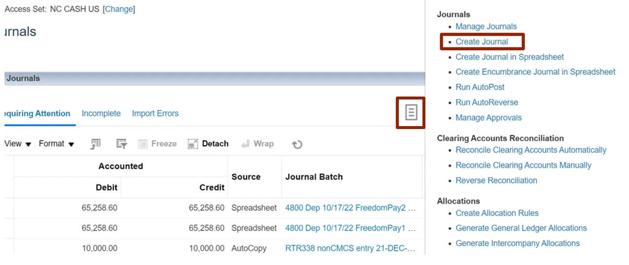 Screenshot showing the journal list in NCFS with the right-hand action menu expanded. The “Create Journal” option is highlighted, accessed via the icon resembling a page with lines on the main toolbar.