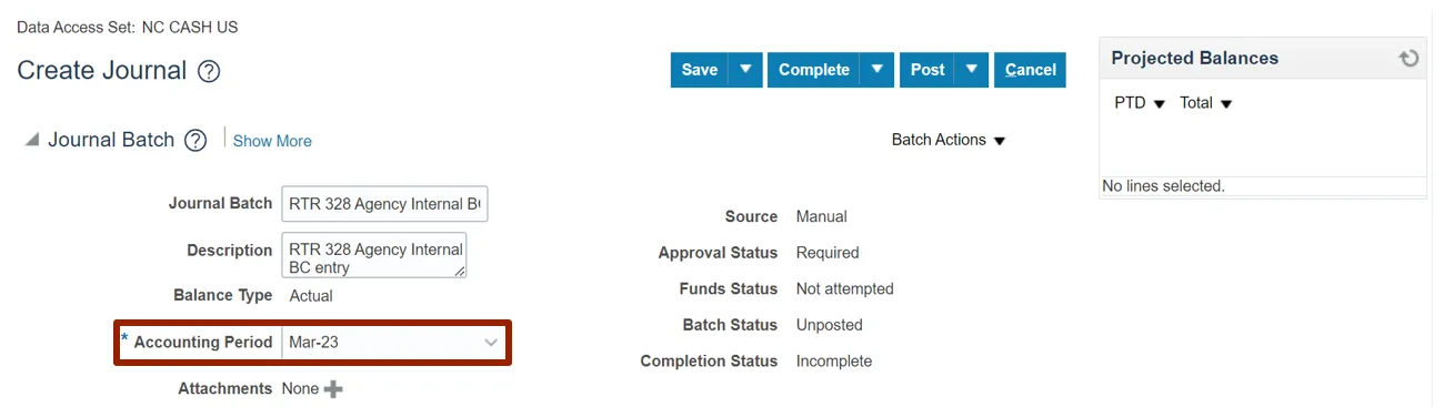 Same "Create Journal" screen, but the Accounting Period has been changed to “Mar-23.” All other fields and statuses remain the same.
