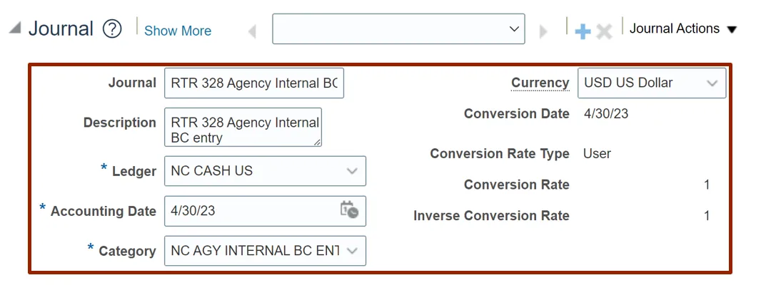 Screenshot of the journal detail section showing fields for Journal name, Description, Ledger (NC CASH US), Accounting Date (4/30/23), and Category (NC AGY INTERNAL BC EN1). Currency is set to USD with a conversion rate of 1.