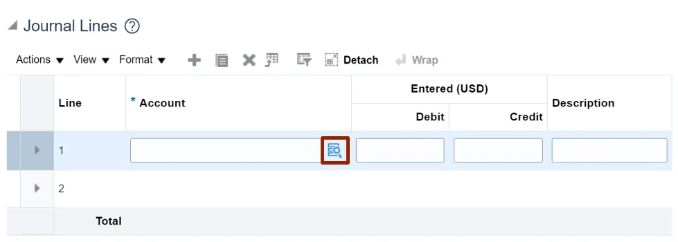 Screenshot of the “Journal Lines” entry section. A journal line is being created, and the account segment selector icon is highlighted for the first line.