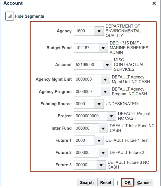 Screenshot of the “Account” segment selection pop-up window. Fields for Agency, Budget Fund, Account, and other financial segments are populated with default or specific values. The “OK” button is highlighted.