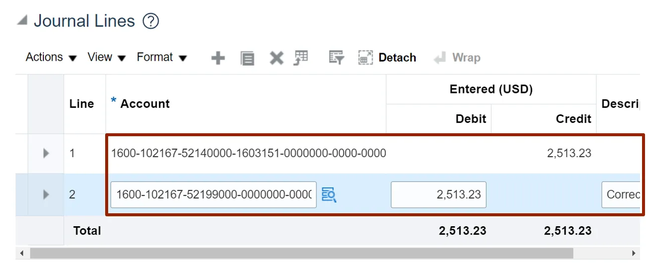 Screenshot of the completed “Journal Lines” section. Two lines are entered with matching debit and credit values of $2,513.23. Each line has its respective account string filled in.