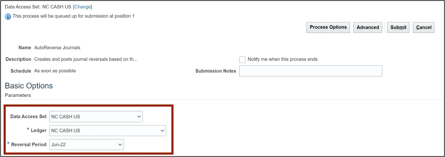 Parameter values under Basic Options section