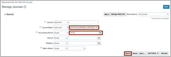 Manage Journals page