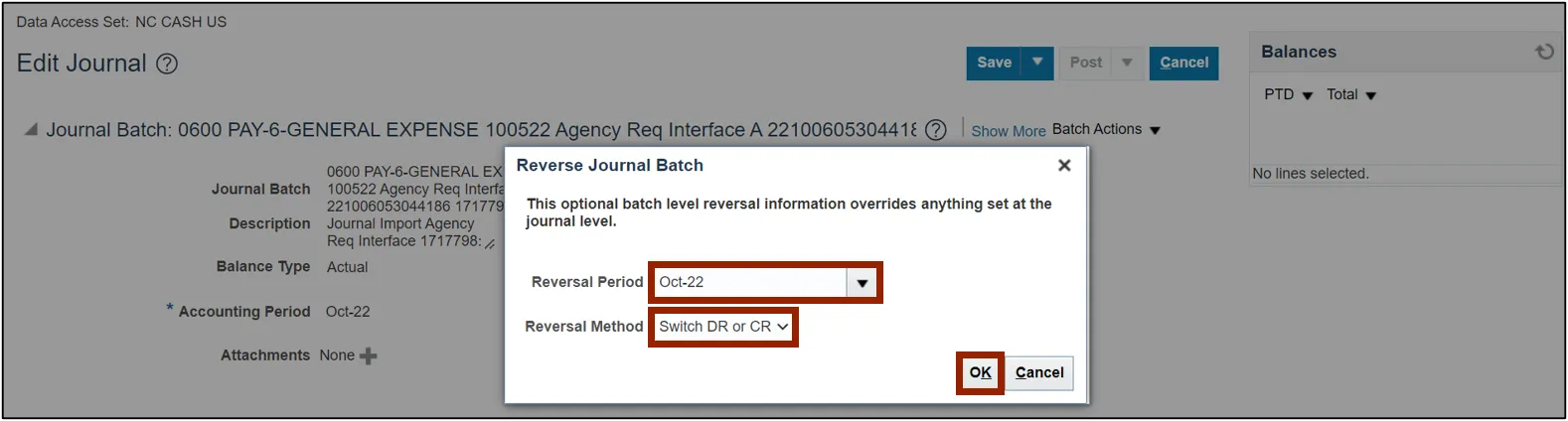 Reversal Period and Reversal Method on the Reverse Journal Batch pop-up