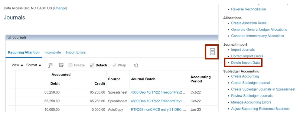 Tasks icon on the Journals page