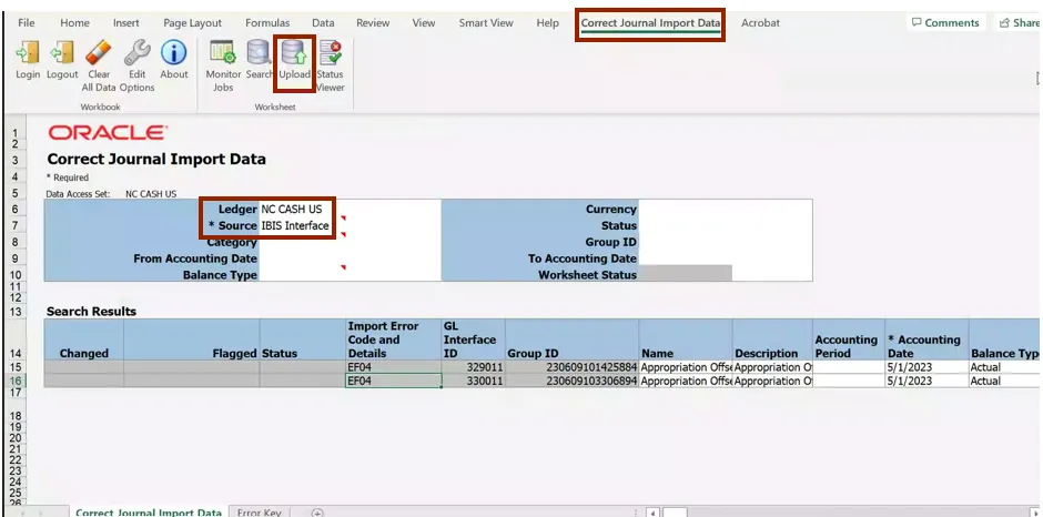 Upload icon on Correct Journals Import Data tab