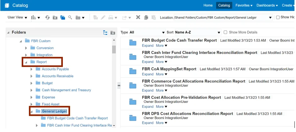General Ledger folder under Report folder