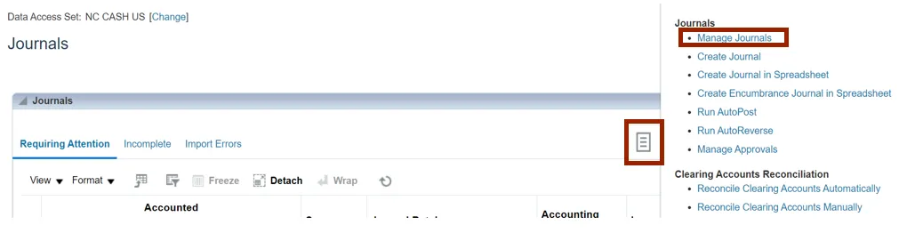 Tasks icon on the Journals page
