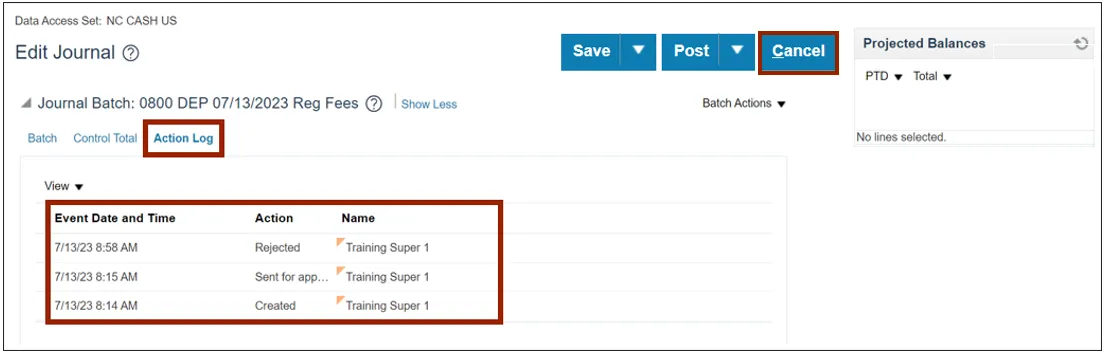 Cancel button on Action Log tab