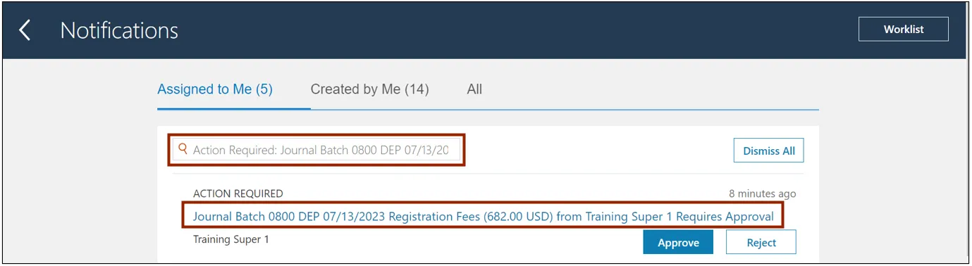 Journal Batch link on Notifications page