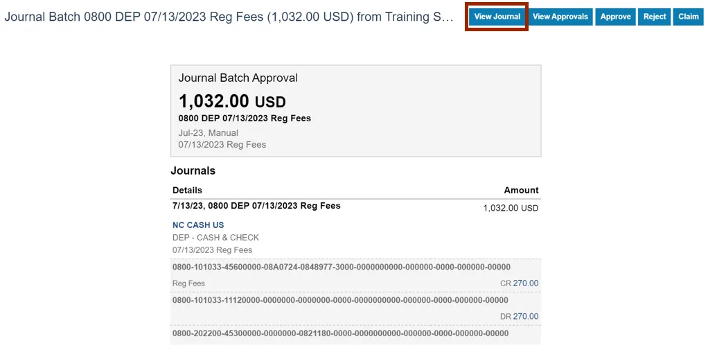 View Journal button on Journal Batch page