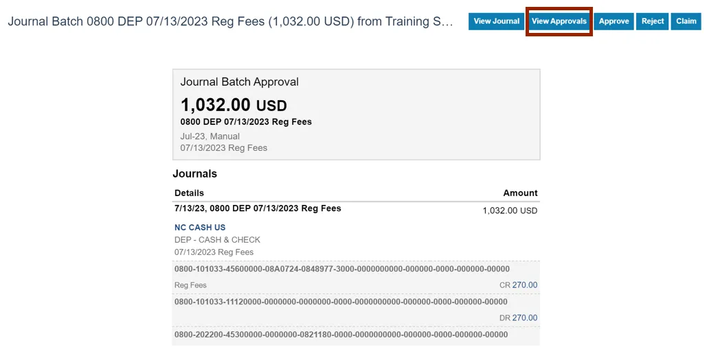 View Approvals button on Journal Batch page